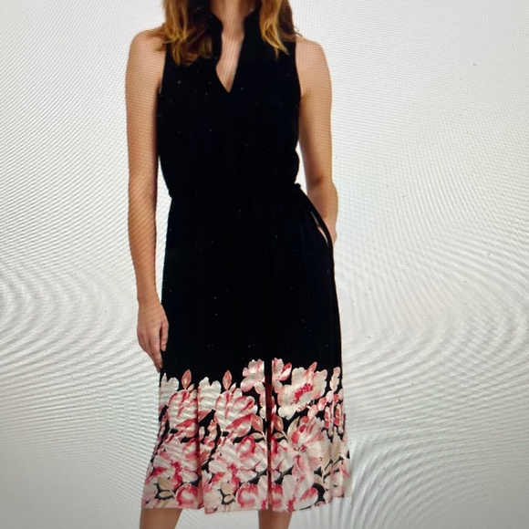 Anne Klein Jenna Floral Hem Black Drawstring-Waist Dress NWT - Picture 1 of 11